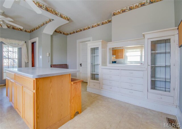 708 E Fillmore St E, Fillmore, IL 62032 - kitchen featuring a ceiling fan, plenty of natural light, a center island, and light countertops