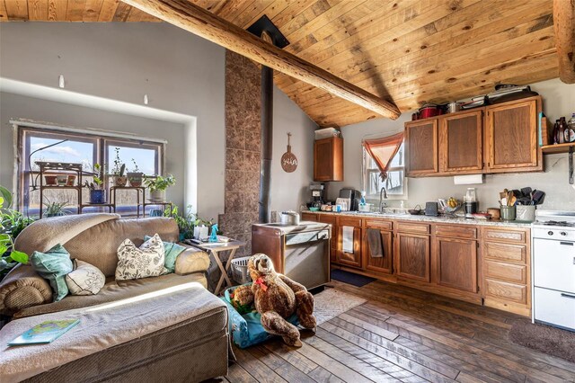 11165 Villmer Rd, Cadet, MO 63630 - kitchen with wood ceiling, white range oven, brown cabinets, dark wood-type flooring, and light countertops