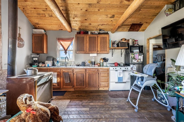 11165 Villmer Rd, Cadet, MO 63630 - kitchen with white gas range, wooden ceiling, a sink, black microwave, and dark wood-type flooring