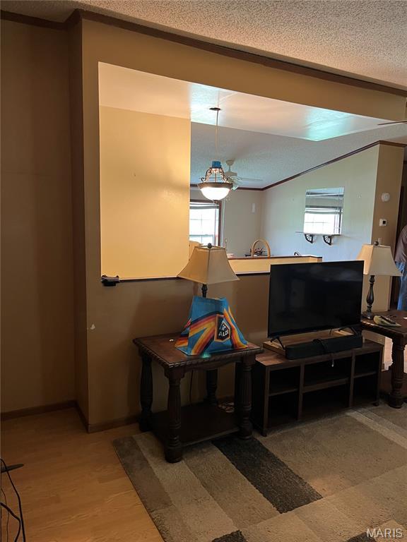 living room featuring crown molding, a textured ceiling, and wood finished floors