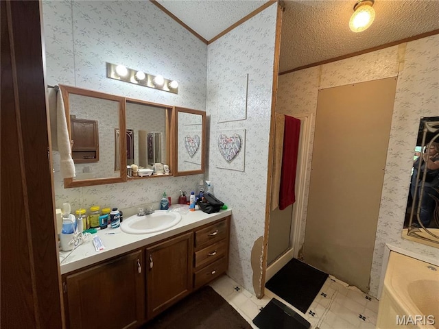 full bathroom featuring crown molding, wallpapered walls, vanity, a bathtub, and a shower