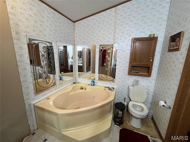 bathroom featuring crown molding, a jetted tub, a textured ceiling, tile patterned floors, and wallpapered walls