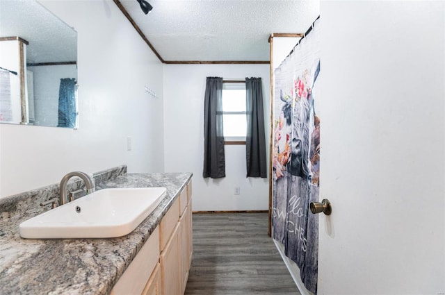 bathroom with a textured ceiling, wood finished floors, vanity, and baseboards