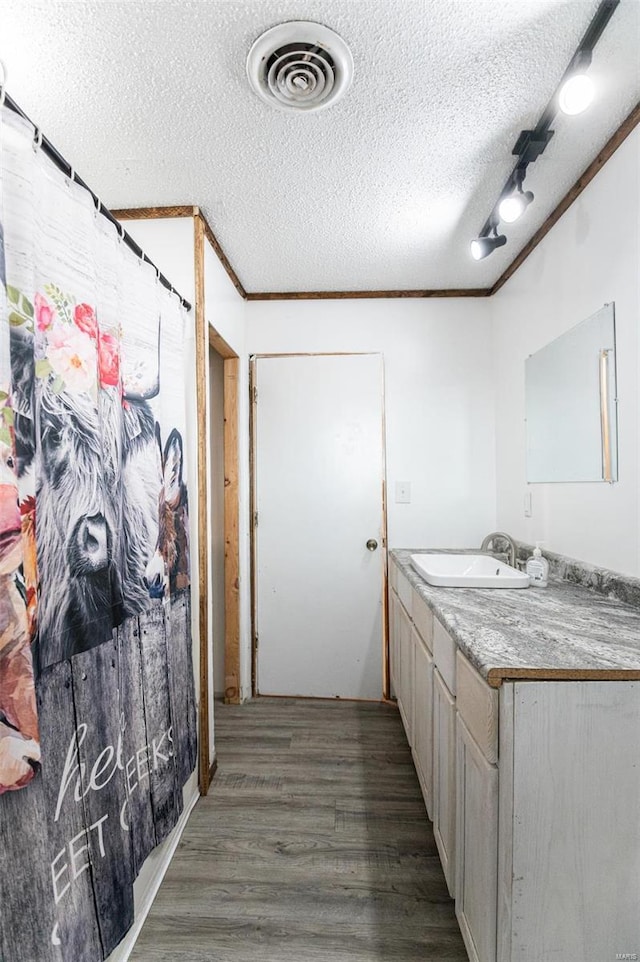 bathroom featuring wood finished floors, vanity, a textured ceiling, a shower with curtain, and ornamental molding