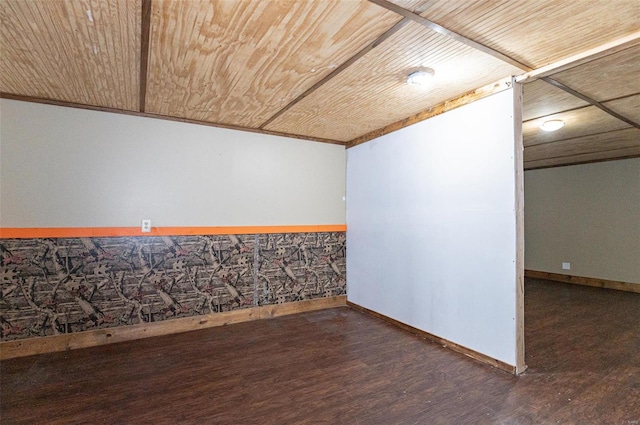 spare room with wood finished floors, wooden ceiling, and baseboards