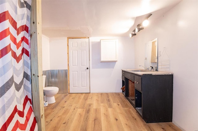 bathroom with wood finished floors, toilet, vanity, and a shower with curtain