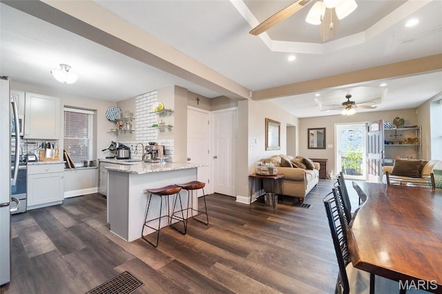 kitchen with a ceiling fan, dark wood finished floors, open floor plan, a tray ceiling, and a kitchen bar