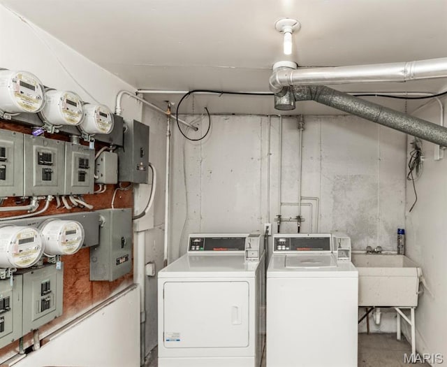 13555 Coliseum Dr Unit G, Chesterfield, MO 63017 - laundry room with washing machine and clothes dryer, a sink, and electric panel
