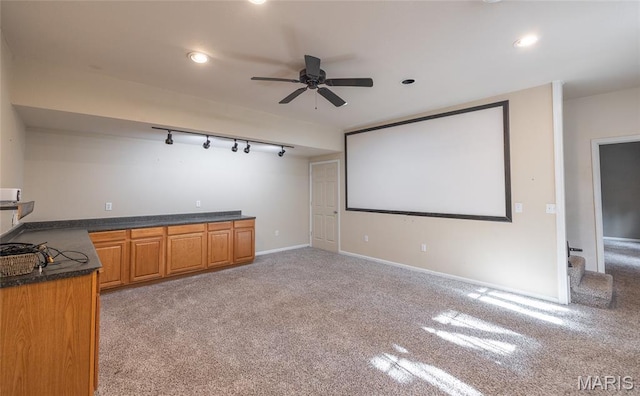 10625 Pine Needle Cir, Rolla, MO 65401 - cinema with light carpet, track lighting, a ceiling fan, recessed lighting, and baseboards