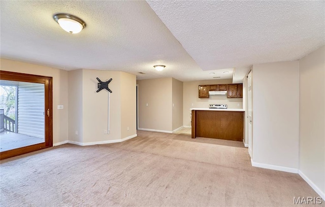 unfurnished living room featuring light colored carpet, a textured ceiling, and baseboards
