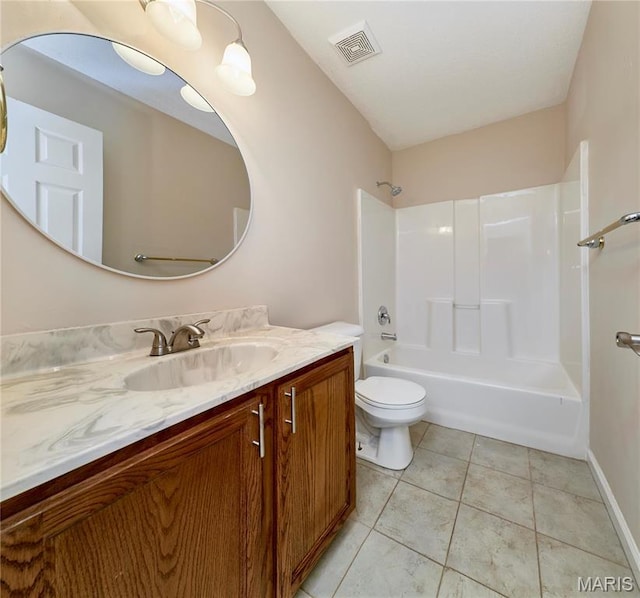 full bath with toilet, vanity, bathing tub / shower combination, and tile patterned flooring