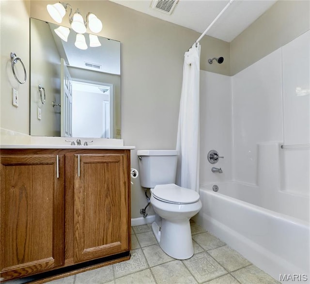full bathroom featuring toilet, shower / tub combo, tile patterned floors, and vanity