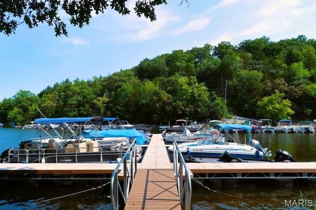 dock featuring a water view and a wooded view