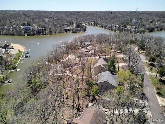 aerial view of property and surrounding area with a large body of water and a forest