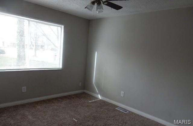 12654 Treeyard Ln, Saint Louis, MO 63138 - unfurnished room featuring a ceiling fan, healthy amount of natural light, carpet floors, a textured ceiling, and baseboards