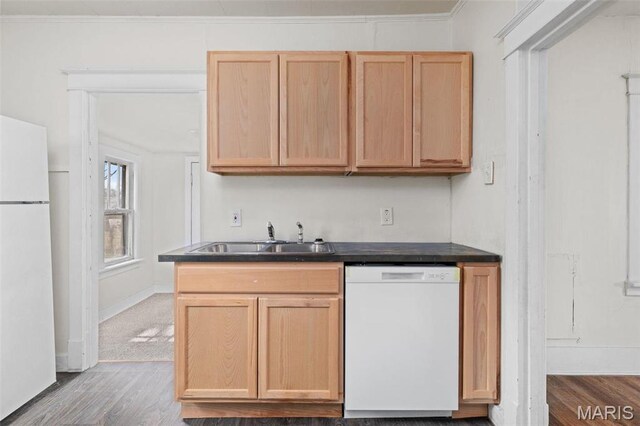 6546 Joseph Ave, Saint Louis, MO 63133 - kitchen with white appliances, a sink, wood finished floors, light brown cabinets, and crown molding