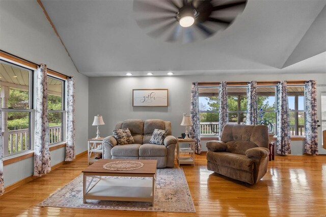 7238 State Highway D, Jackson, MO 63755 - living room featuring vaulted ceiling, light wood-type flooring, plenty of natural light, a ceiling fan, and recessed lighting