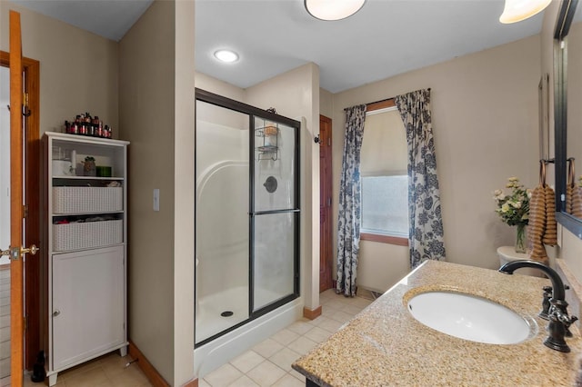 7238 State Highway D, Jackson, MO 63755 - bathroom featuring a stall shower, tile patterned flooring, baseboards, and vanity