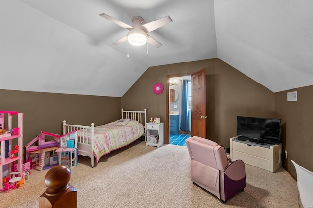 7238 State Highway D, Jackson, MO 63755 - carpeted bedroom with lofted ceiling, ensuite bathroom, and a ceiling fan
