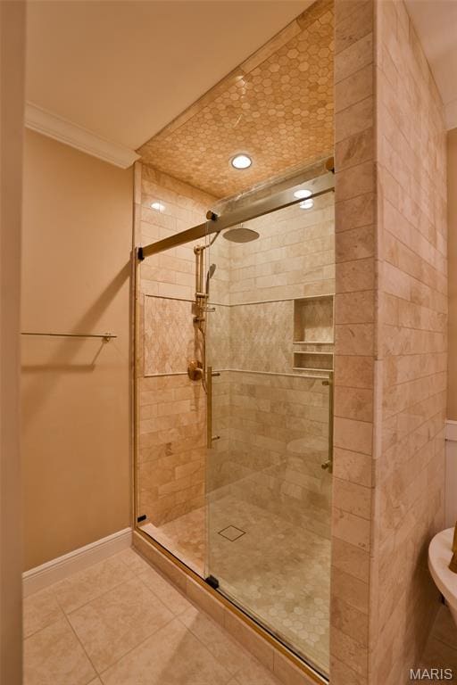 409 Country Club Vw, Edwardsville, IL 62025 - full bath featuring crown molding, a stall shower, tile patterned floors, recessed lighting, and baseboards