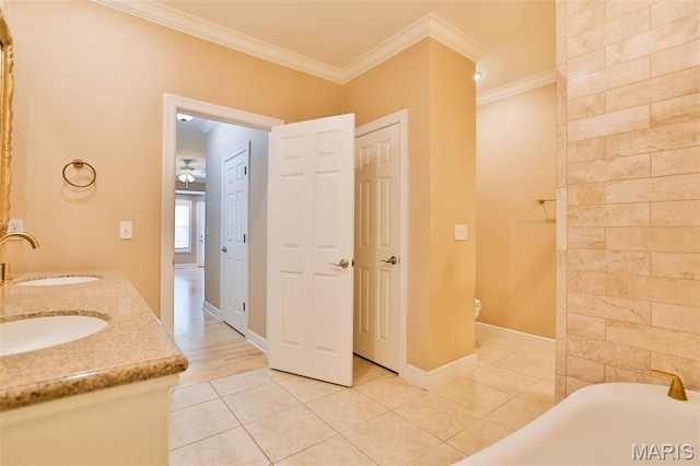 409 Country Club Vw, Edwardsville, IL 62025 - full bathroom featuring ornamental molding, ceiling fan, tile patterned flooring, a bathtub, and toilet