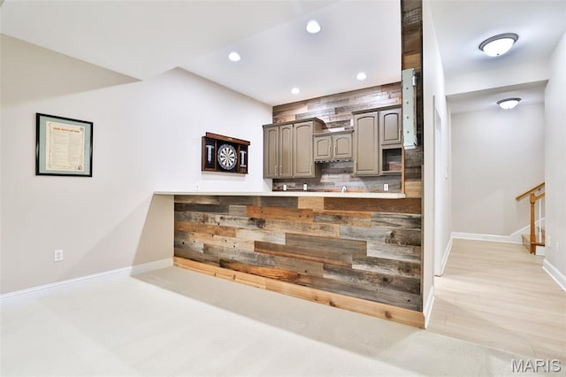409 Country Club Vw, Edwardsville, IL 62025 - kitchen with tasteful backsplash, baseboards, recessed lighting, gray cabinets, and light wood-type flooring
