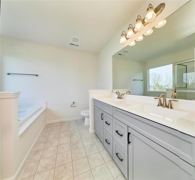 full bathroom with toilet, double vanity, a garden tub, baseboards, and a shower with shower door
