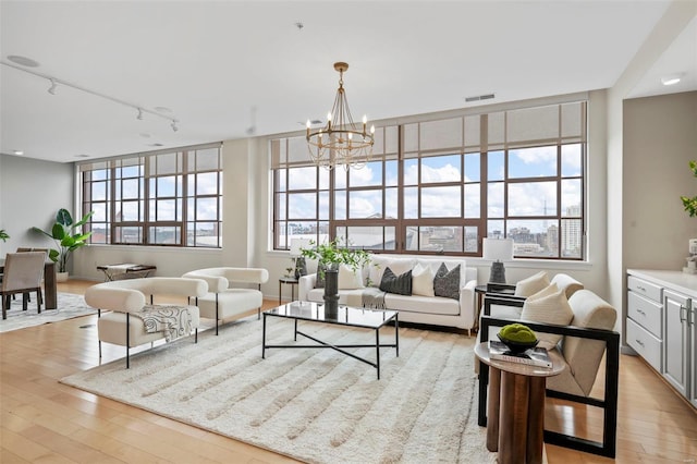 living room featuring light wood-style floors, rail lighting, and healthy amount of natural light