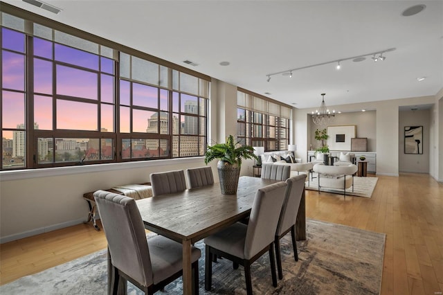 dining space with a chandelier, track lighting, hardwood / wood-style floors, and baseboards
