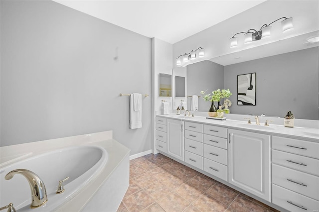 bathroom featuring double vanity, a garden tub, and tile patterned flooring