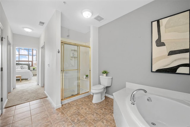 ensuite bathroom with toilet, a shower stall, a bath, baseboards, and tile patterned flooring