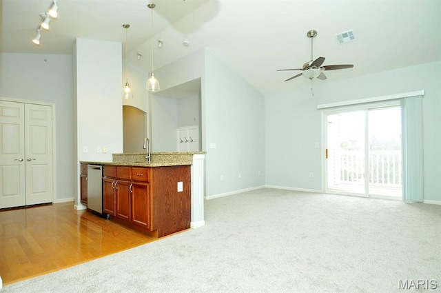 39 Kassebaum Ln Unit 303, Saint Louis, MO 63129 - unfurnished living room featuring a ceiling fan, light carpet, a sink, baseboards, and track lighting