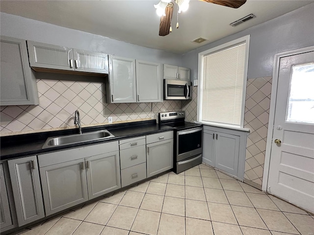5056 Lindenwood Ave, Saint Louis, MO 63109 - kitchen featuring stainless steel appliances, a sink, dark countertops, and gray cabinets
