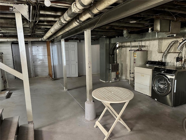 5056 Lindenwood Ave, Saint Louis, MO 63109 - unfinished below grade area featuring heating unit, washing machine and clothes dryer, and water heater