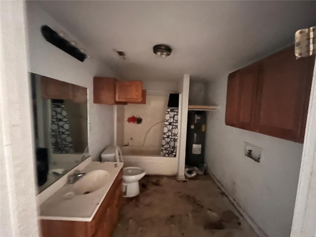 bathroom with electric water heater, toilet, and vanity