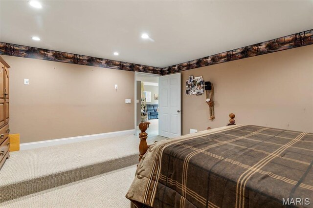 bedroom with carpet, recessed lighting, and baseboards
