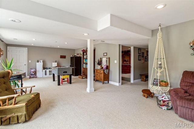 playroom with light carpet, recessed lighting, and baseboards