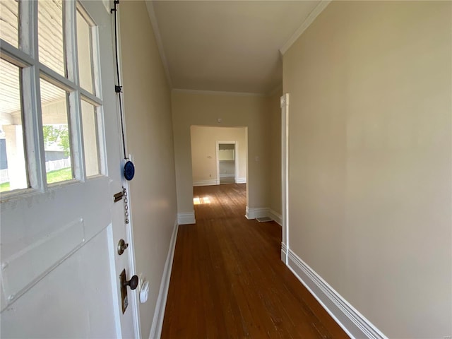 1309 Belton Ave, Webster Groves, MO 63119 - hallway with crown molding, dark wood-style floors, and baseboards