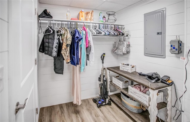 spacious closet featuring electric panel and wood finished floors