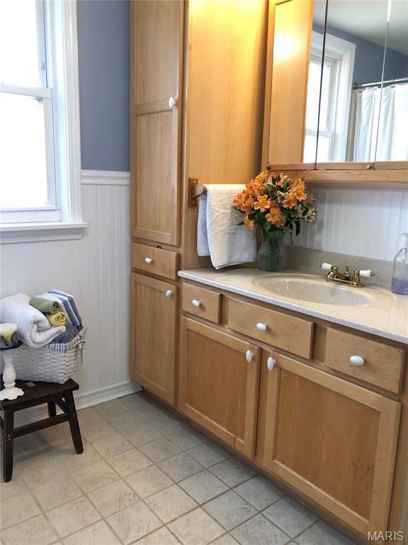 3579 Boswell, St John, MO 63114 - bathroom featuring vanity, healthy amount of natural light, and wainscoting