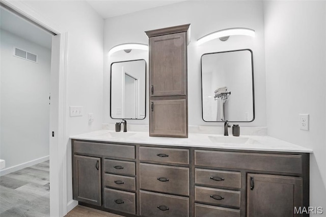 19011 Pinckney Manor Ct, Warrenton, MO 63383 - bathroom with double vanity, wood finished floors, and baseboards