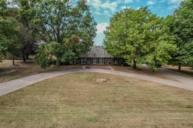 view of front of property featuring a front yard and curved driveway