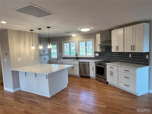 kitchen featuring wall chimney range hood, appliances with stainless steel finishes, a peninsula, white cabinetry, and decorative backsplash