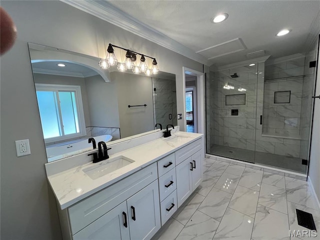 full bath with crown molding, recessed lighting, a shower stall, marble finish flooring, and double vanity