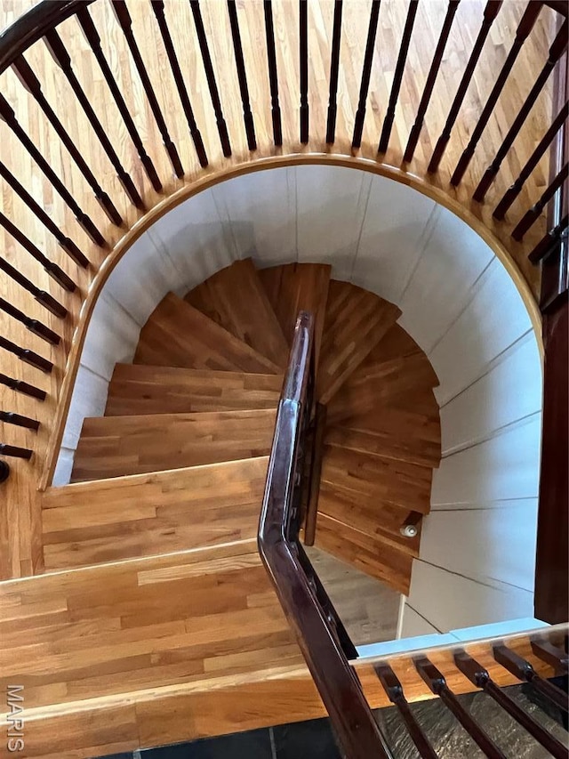 stairway featuring wooden walls