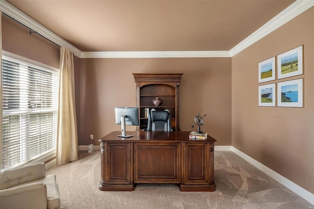 home office with light carpet, healthy amount of natural light, ornamental molding, and baseboards