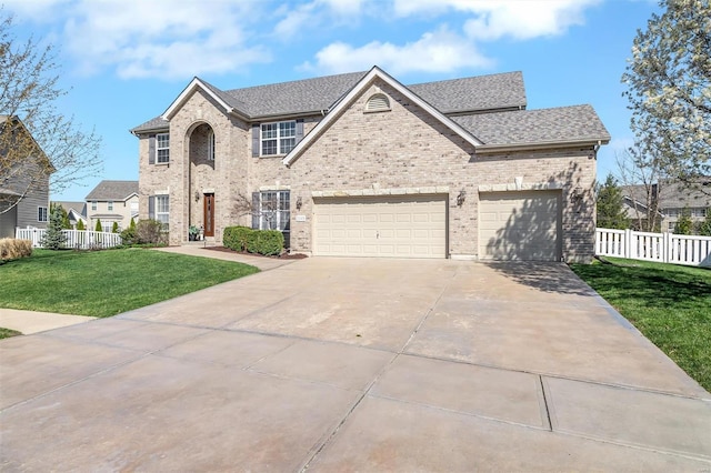 view of front of home featuring driveway, brick siding, a shingled roof, and a garage