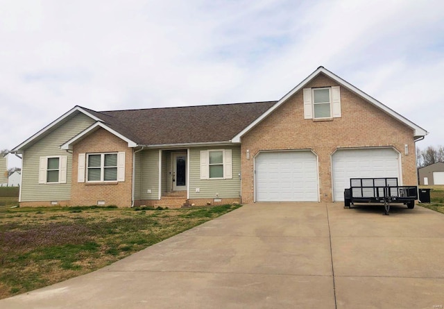 view of front facade with crawl space, brick siding, concrete driveway, and an attached garage