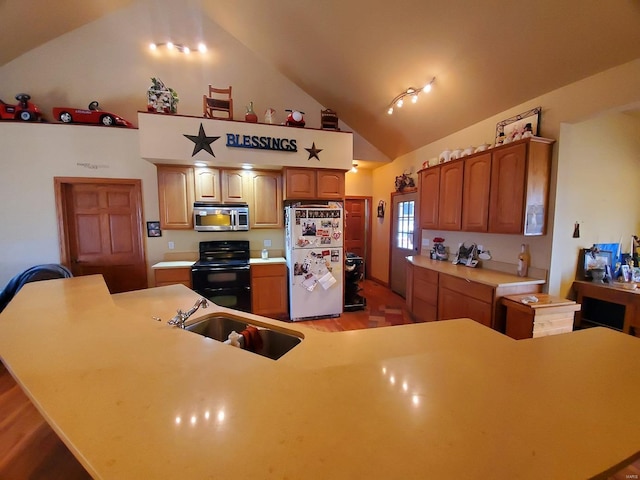 104 E Bryan St, Ewing, MO 63440 - kitchen featuring freestanding refrigerator, stainless steel microwave, black electric range oven, a sink, and light wood finished floors