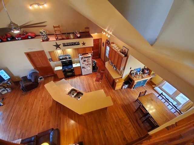 104 E Bryan St, Ewing, MO 63440 - living room featuring light wood finished floors, a ceiling fan, and lofted ceiling
